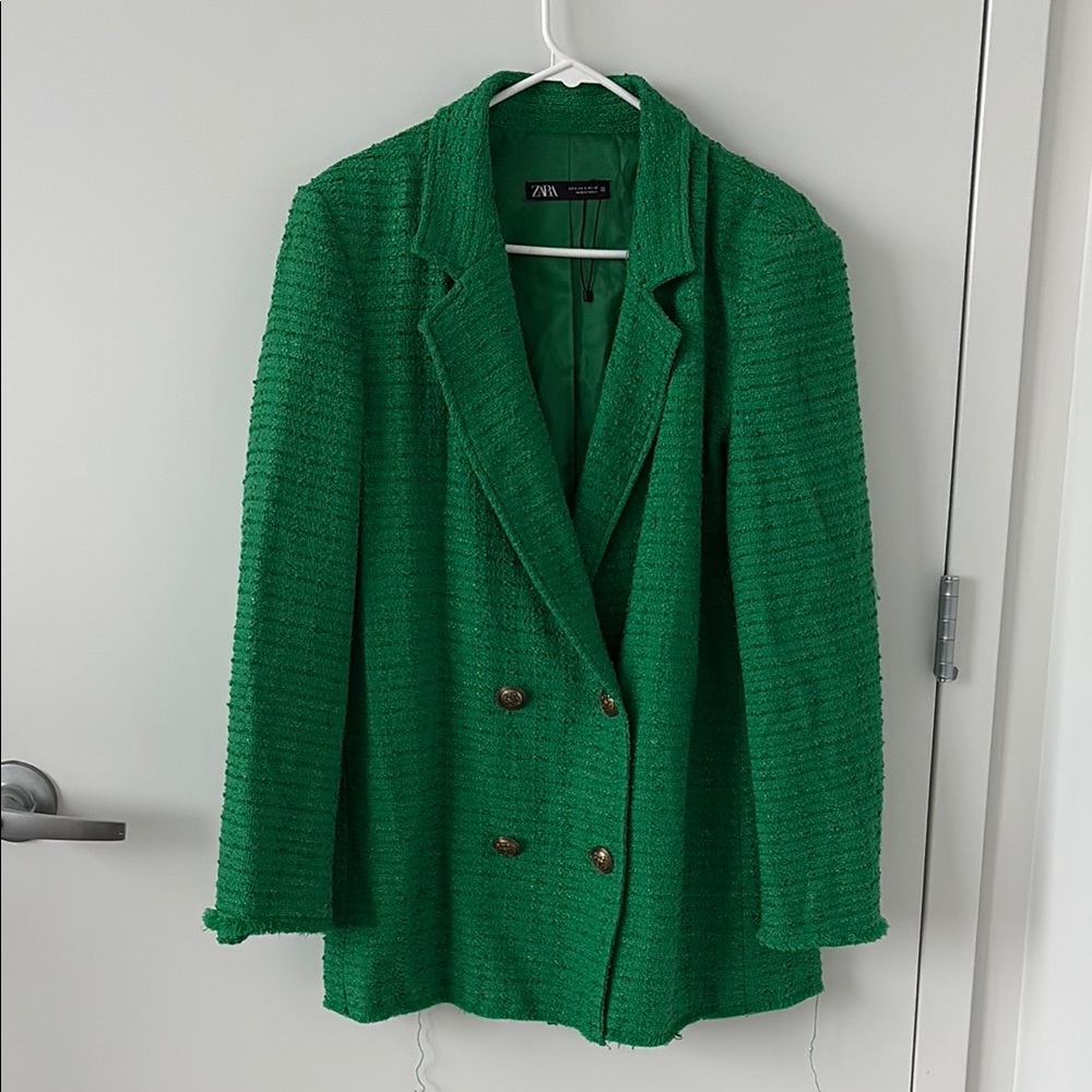 Zara Green Double-Breasted Textured Blazer